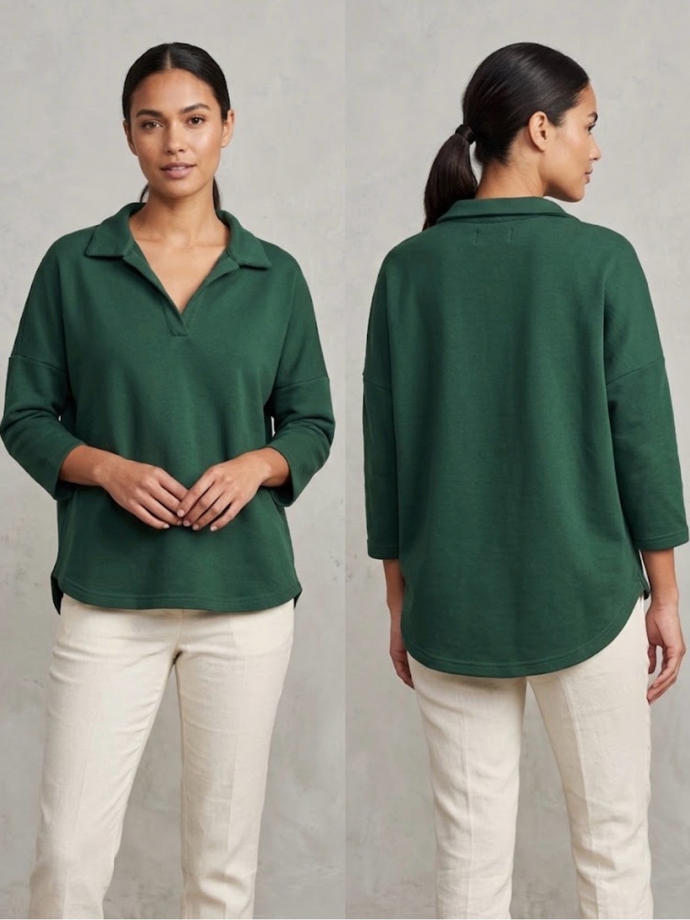 Pomander Place Easy Polo Swing Sweatshirt Green XS/S Relaxed Tunic Top